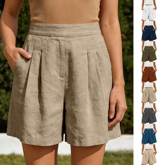 Women's Casual Solid Color Cotton Linen Shorts Pleated High Waist Wide Leg Summer Elastic Comfy Trendy Shorts with Pockets White