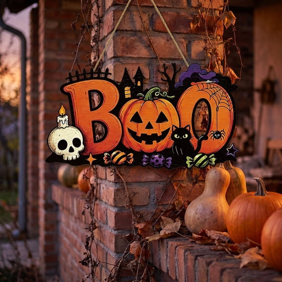 PLPPYFS Vintage Happy Halloween Decorations Sign, Pumpkins Ghost Wood Wreath for Front Door Porch Window Wall Hanging Decor, Black Orange Spooky Decoration for Party Home