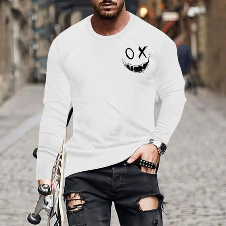 lkfuzj Long Sleeve Shirts For Men Fashion Printed Tee Shirts Slim Fit Round Neck T-Shirts Casual Basic Pullover Top - White