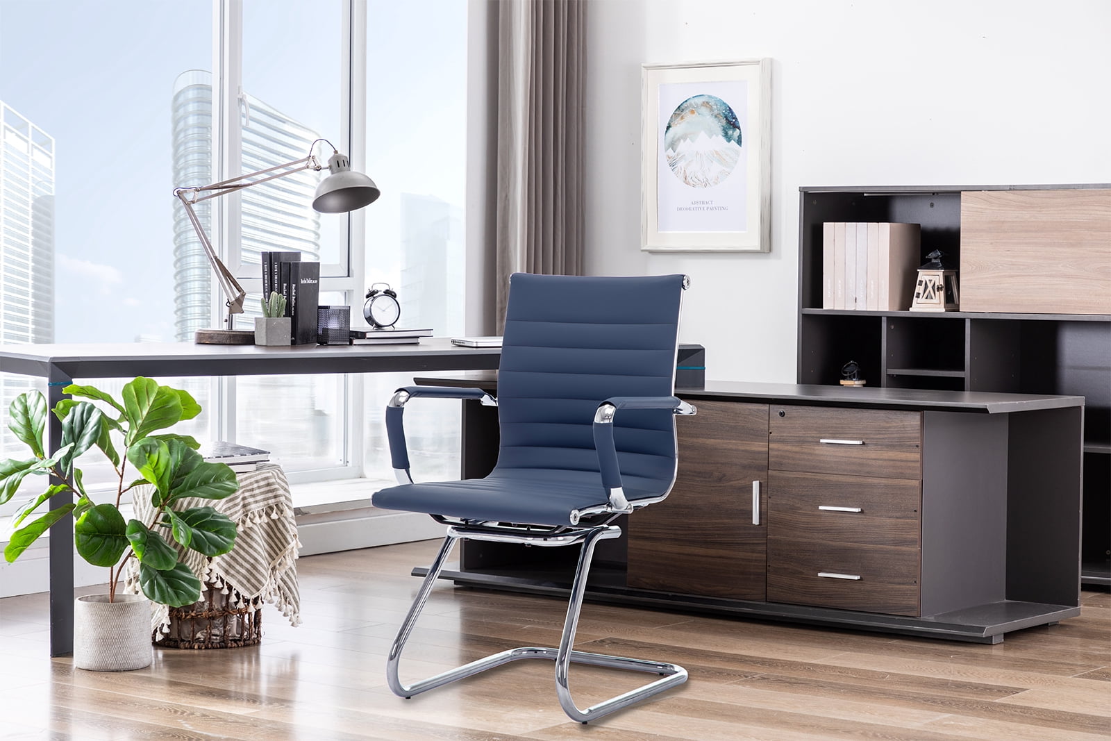 Guyou Modern Mid Back Office Guest Chair Set of 2, Faux Leather Reception Chair Computer Chair with Armrests and Metal Sled Base for Meeting/Waiting/Conference Room, No Wheels, Blue