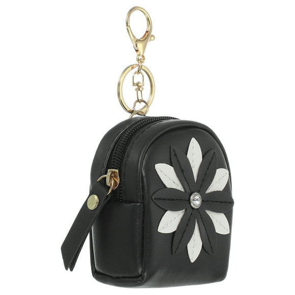 Uxcell Mini Backpack Keychain for Women, Cute Flower Rhinestone Pendant Bag PU Leather Black