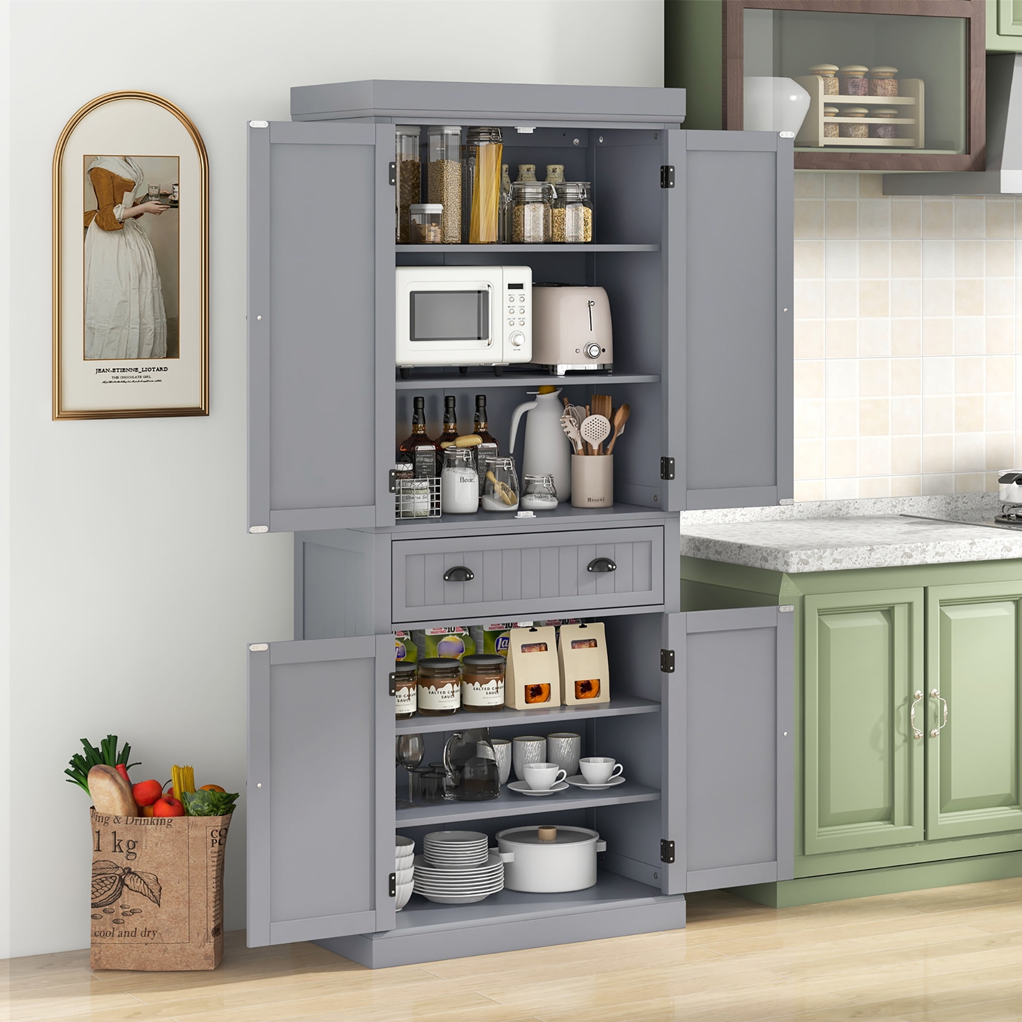 Gymax 72'' Kitchen Pantry Storage Cabinet Tall Freestanding Cupboard w/ 4 Doors Large Drawer Gray