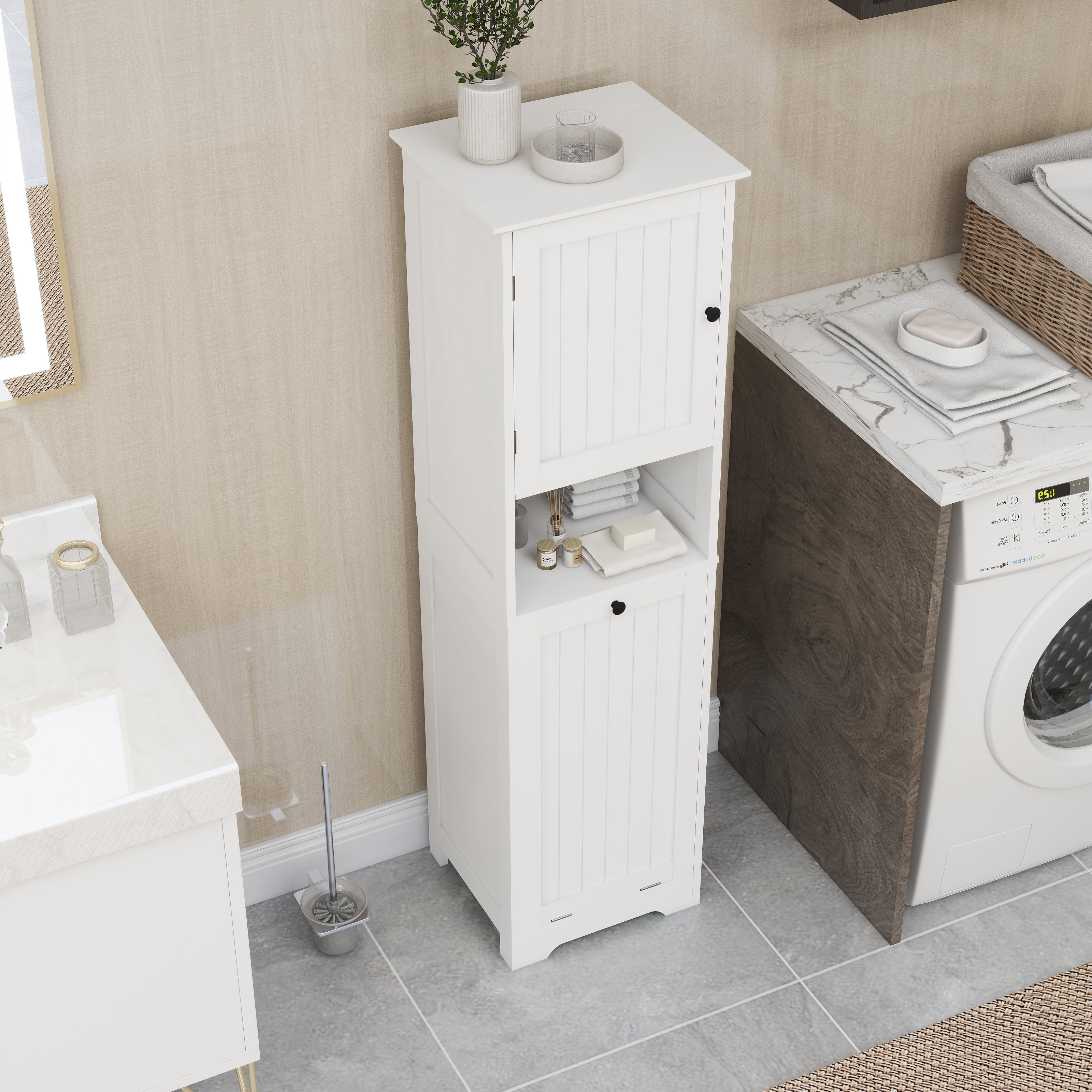 Mintazer Slim Tall Bathroom Storage Cabinet with Open Shelf, Freestanding Narrow Linen Tower with Tilt-Out Laundry Hamper for Bathroom Laundry Room Balcony, White