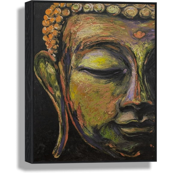 3D Print simulation hand painted texture on canvas painting Wall Art Colorful Buddha Green Bronze Brown Statue Hand Made Framed Matted 3D Brushstroke Texture UNIQUE INNOVATION Patent pending