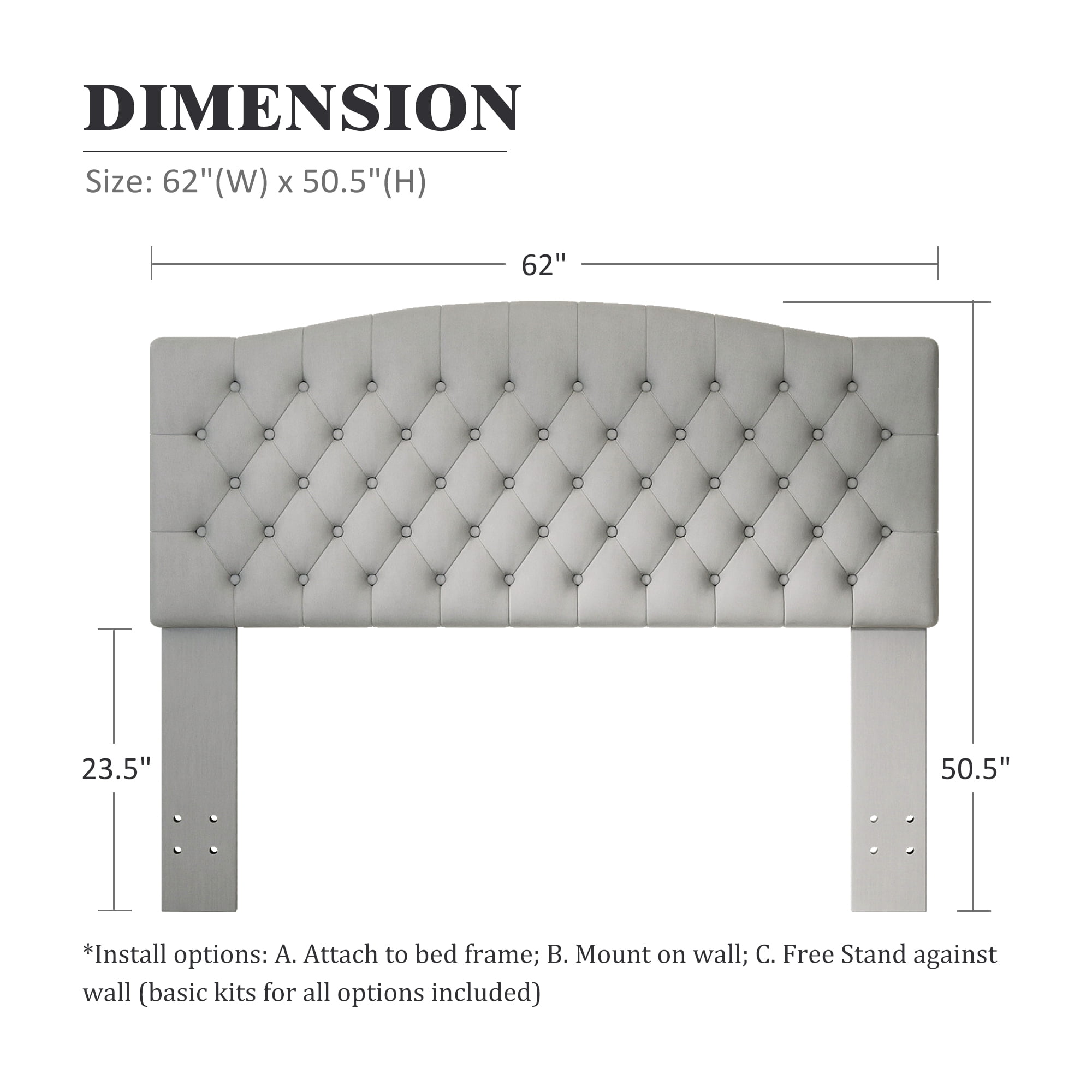 Queen Headboard Wall Mount & Bed Frame Compatible, Velvet Upholstered Button Tufted, Gray