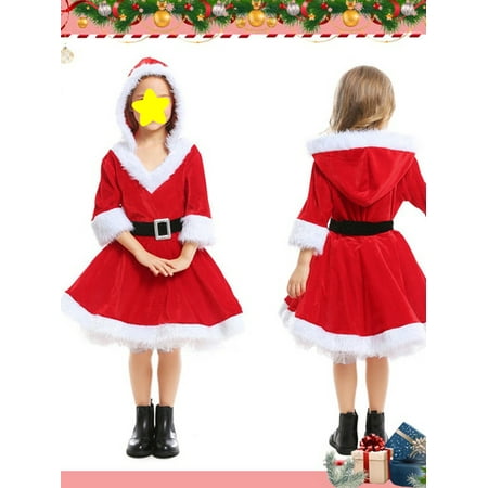 

Christmas Kids Toddler Baby Girl Santa Mrs. Claus Costume Long Sleeve Plush Hooded A-Line Dress with Belt