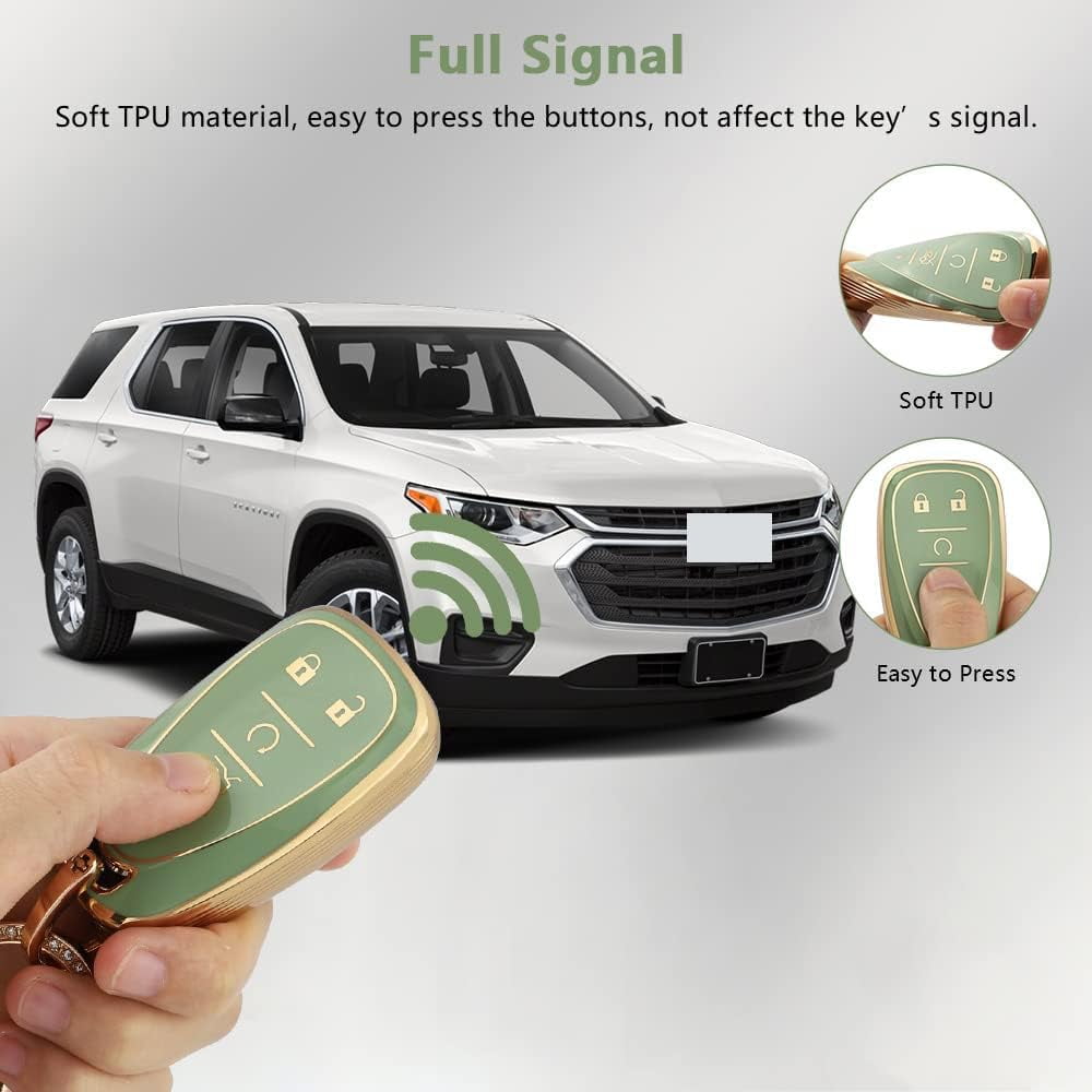 Stylish 5-Button TPU Key Fob Cover with Bling Keychain for Chevy Equinox Malibu Blazer Camaro Spark Traverse Trax Green Gold Protective Shell Case for Men and Women