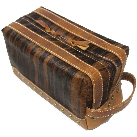 Men's Leather Hair-on Travel Toiletry Organizer Shaving Dopp Kit Bag 18RT02