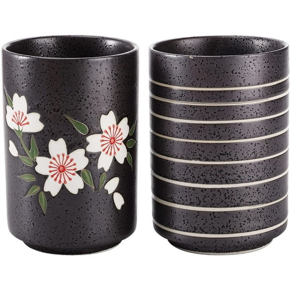 SHENSHA Set of 2 Japanese Tea Cups, 10oz Ceramic Teacup Mug, Japanese Cherry Blossoms and Line Design Ceramic Tea Cups Set for Green Tea, Matcha Tea, Bancha