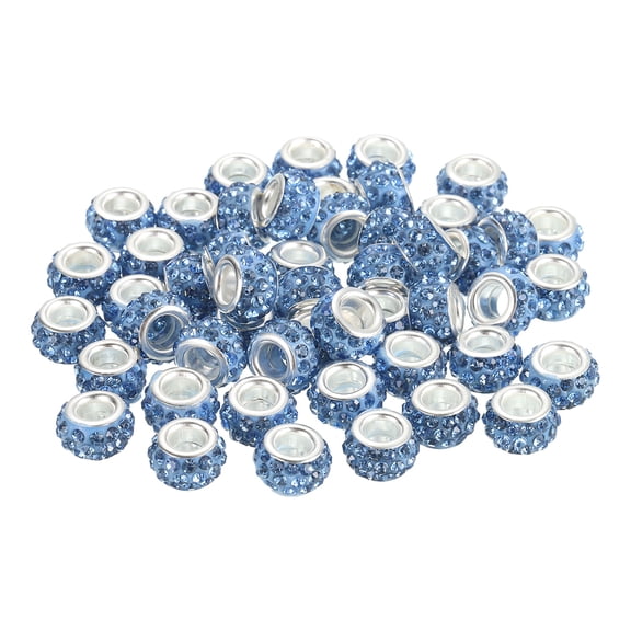 50Pack European Large Hole Beads, Rhinestone Craft Beads, Light Blue