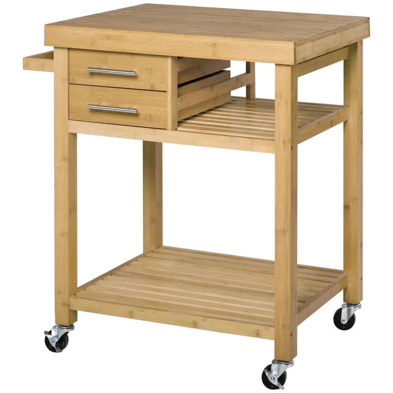 Demi Bonn 36" Bamboo Kitchen Island Cart on Wheels, Rolling Utility Trolley Cart with 2 Drawers & Open Shelves, Storage Cart for Kitchen, Beige