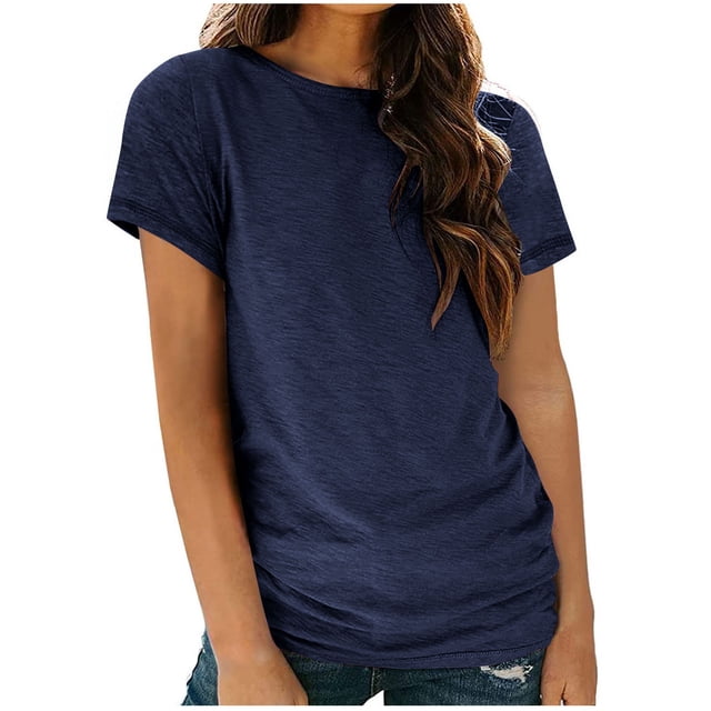 AherBiu Hauts pour Femmes Basiques Couleur Unie Décontracté Col Rond Manches Courtes Ample Confortable T-Shirts
