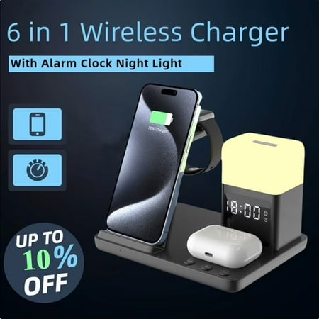 6 in 1 LED Phone Charger Stand Dock with Alarm Clock Night Light Wireless Charger for iPhone, , Wireless Charging Station for Apple Watch, for Airpods 3/2/Pro, for iPhone 17/16/15/14/13/12/11/Pro