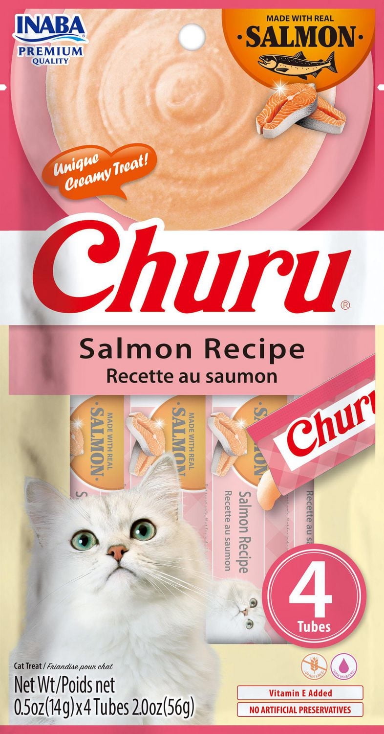 INABA Churu Cat Treats, Grain-Free Lickable Creamy Purée with Vitamin E - Salmon Recipe 4 tubes 56g (4x14g)