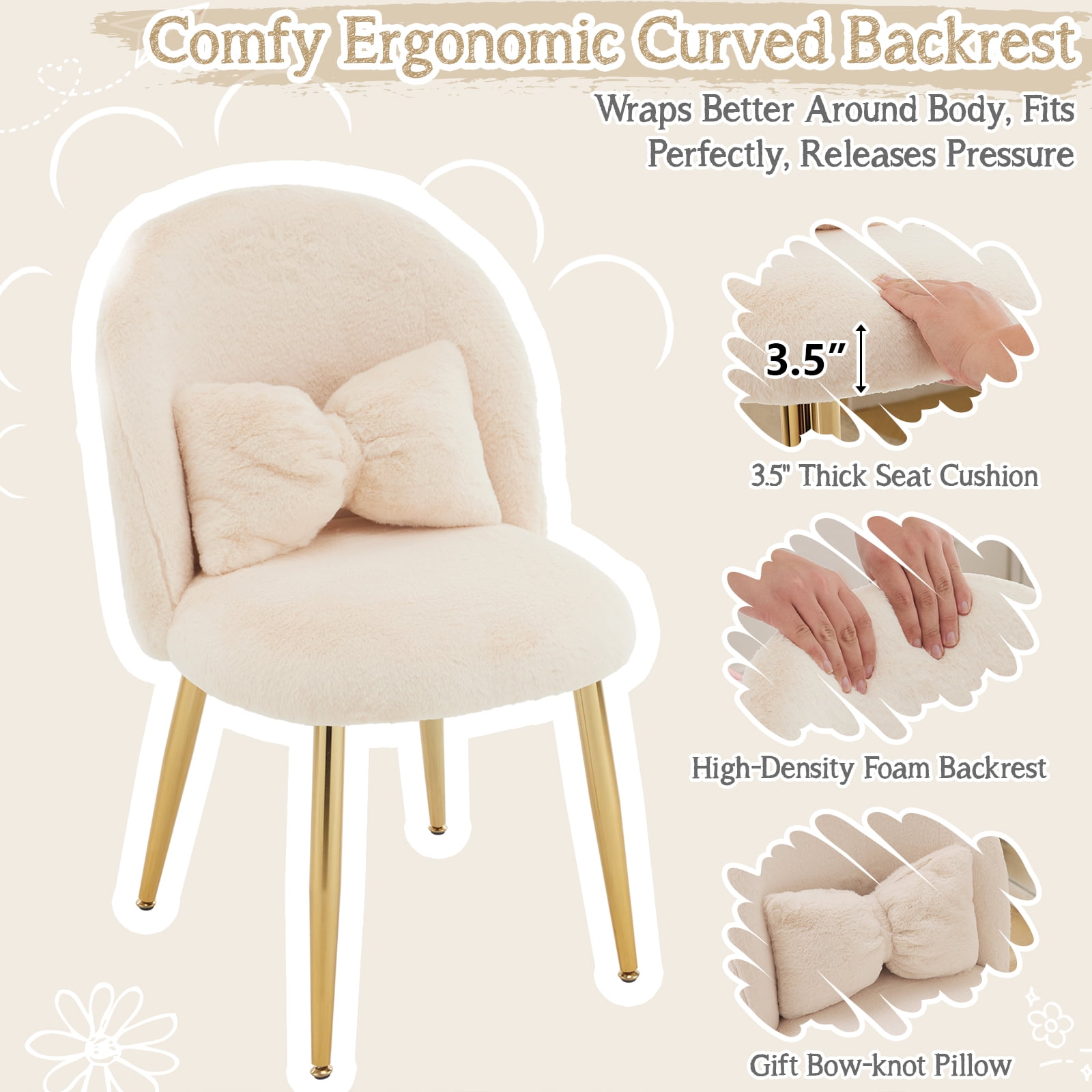 Ktaxon Vanity Makeup Chair Comfy Accent Chair Small Office Chair for Living Dining Room Bedroom Home Office Faux Rabbit Hair Light Khaki