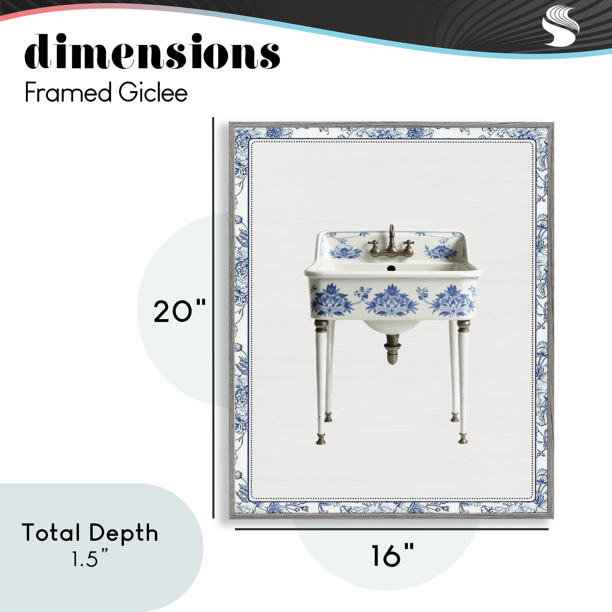 Vintage Chinoiserie Sink Gray Framed Giclee Art, design by Lettered and Lined