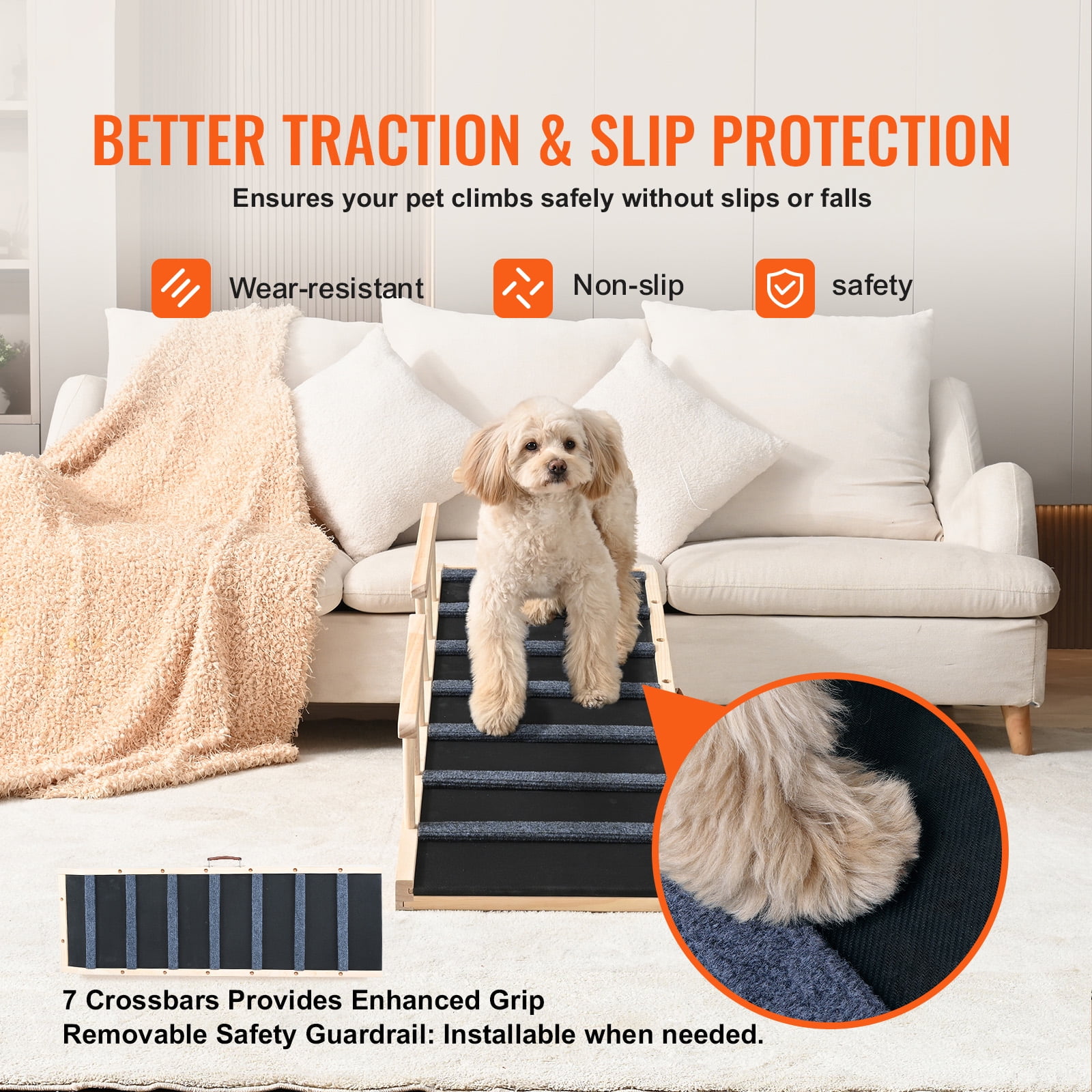 KFFKFF Pet Access Ramp, Foldable Ramp for Pets to Reach Beds, for Various Breeds & Ages, Durable Wood Construction, Extends 47.2", Height Adjusts 13.8"-27.6", Ideal for Furniture & Vehicles