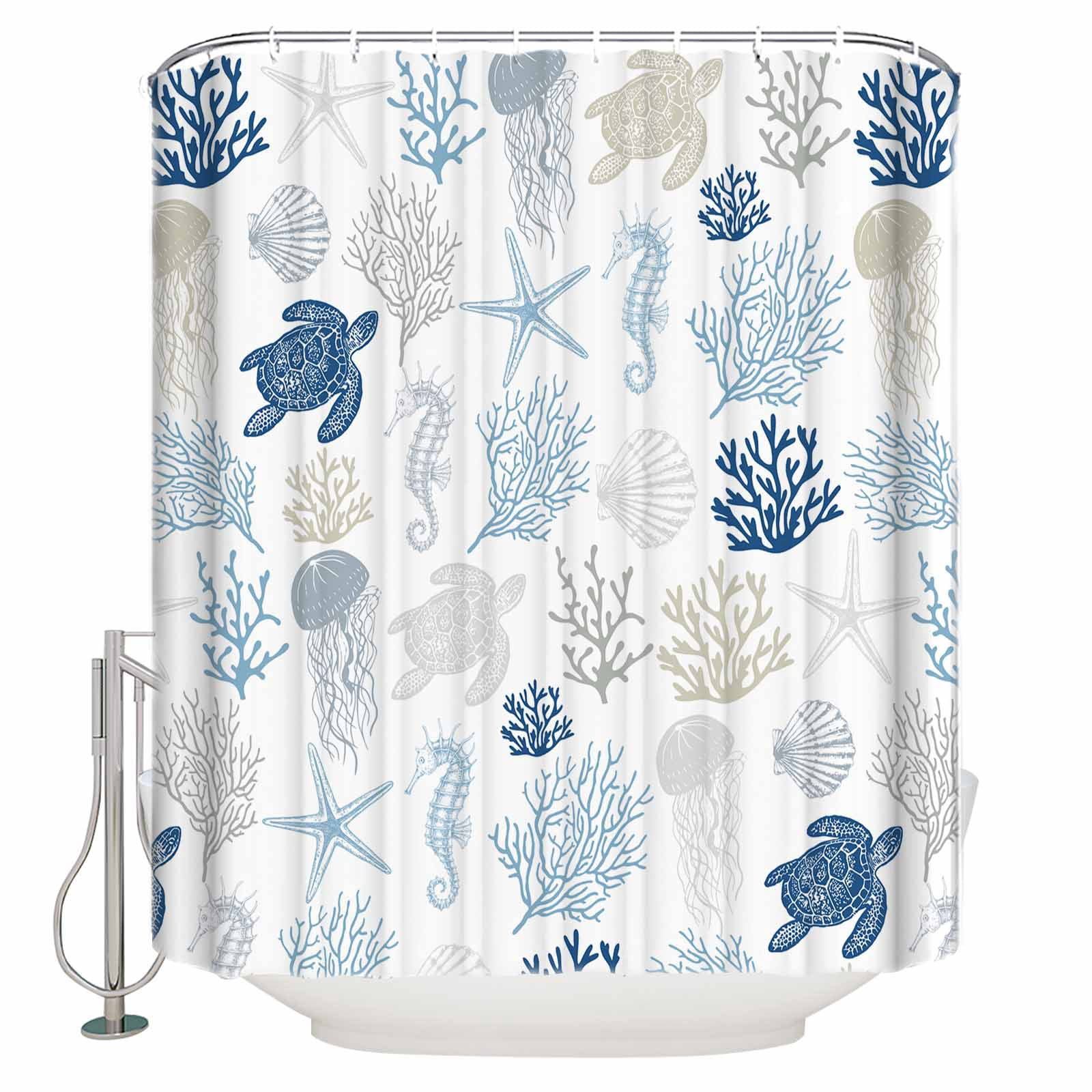Navy Blue Coastal Waterproof Fabric Shower Curtain, Nautical Summer Beach Coral Sea Turtle Shower Curtain for Bathroom Curtains Bathtubs Hotel Washable Shower Curtains with 12 Hooks Extra Long 72x96