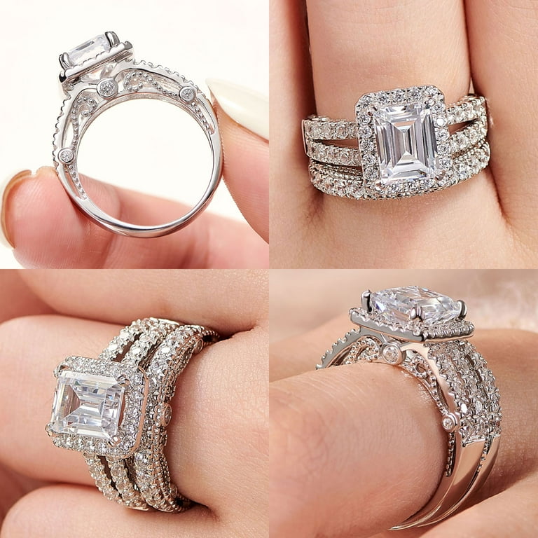 Wedding Ring Set Halo Cubic Zirconia Sterling Silver, Sizes 4 to 11 Wedding Ring Set Halo Cubic Zirconia Sterling Silver, Sizes 4 to 11
