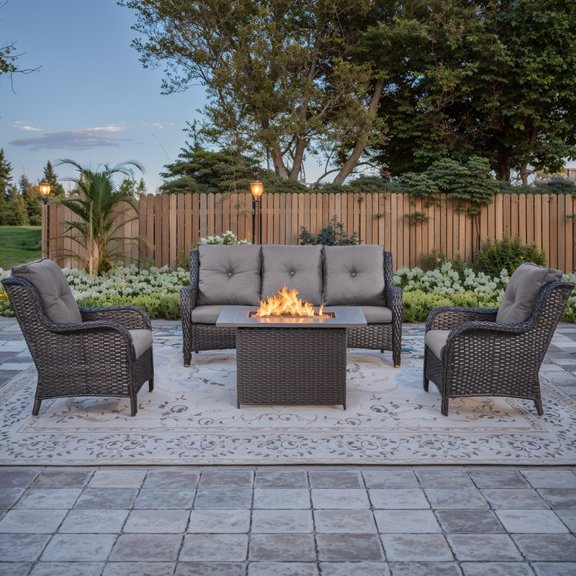 PARKWELL 4-Piece Outdoor Patio Furniture Set 5-Seat High Back Conversation Set with 41" Fire Pit Table and Deep Seat Wicker Chairs for Patio Garden Deck,Brown Wicker Gray Cushions