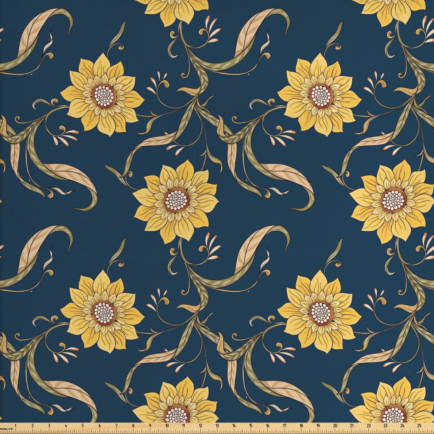 Sunflower Fabric by The Yard, Helianthus Floral Wild Pointy Petals