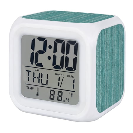 Teal Green Stripe Digital Alarm Clock for Bedrooms,Smart LED Alarm Clock with 7 Color Changing Night Light,Farmhouse Vintage Minimalist Geometric Silent Wake Up Clocks for Sleep Study 3.2x3.2