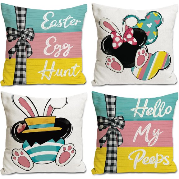 Easter Throw Pillow Covers 18 x 18 Set of 4, Bunny Easter Egg Hunt Hello My Peeps Cartoon Mouse Striped Farmhouse Decorative Rabbit Ears Cushion Case Decor for Home Sofa Couch Decoration