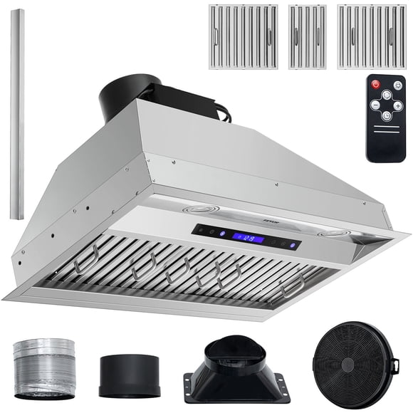 VEVOR Insert Range Hood, 900CFM 4-Speed, 30 Inch Stainless Steel Built-in Kitchen Vent with Touch & Remote Control LED Lights Baffle Filters