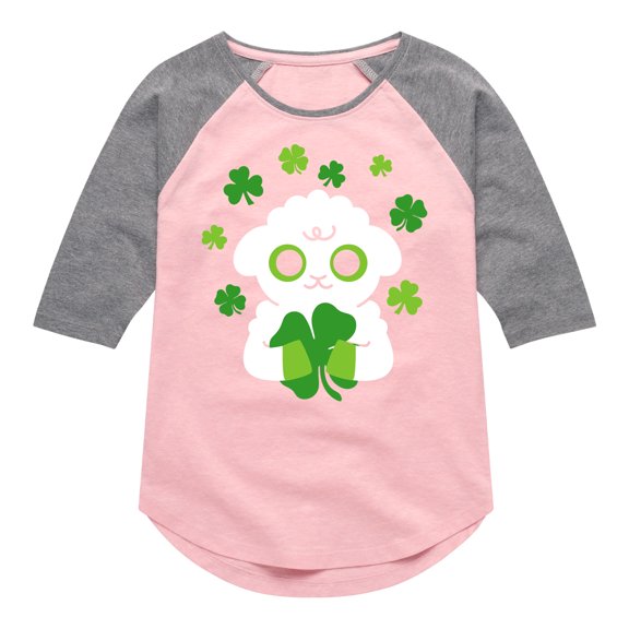 Instant Message - St. Patrick's Day - Sheep Holding a Shamrock - Toddler And Youth Girls Raglan Graphic T-Shirt