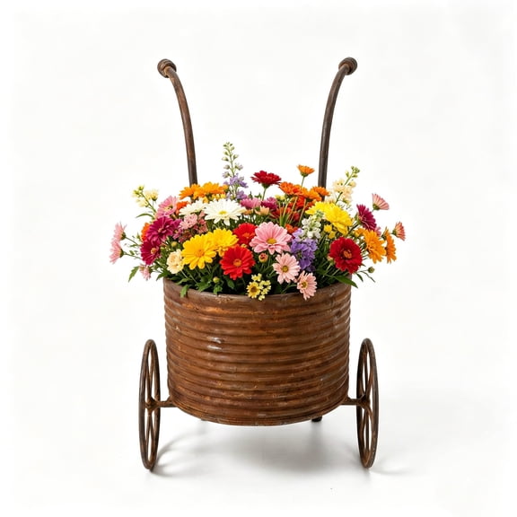 Rustic Metal Wheelbarrow Planter, Vintage Farmhouse Garden Cart Flower Pot, Distressed Metal Plant Holder for Flower Succulents Herbs, Tabletop Indoor Porch Outdoor Garden Decor