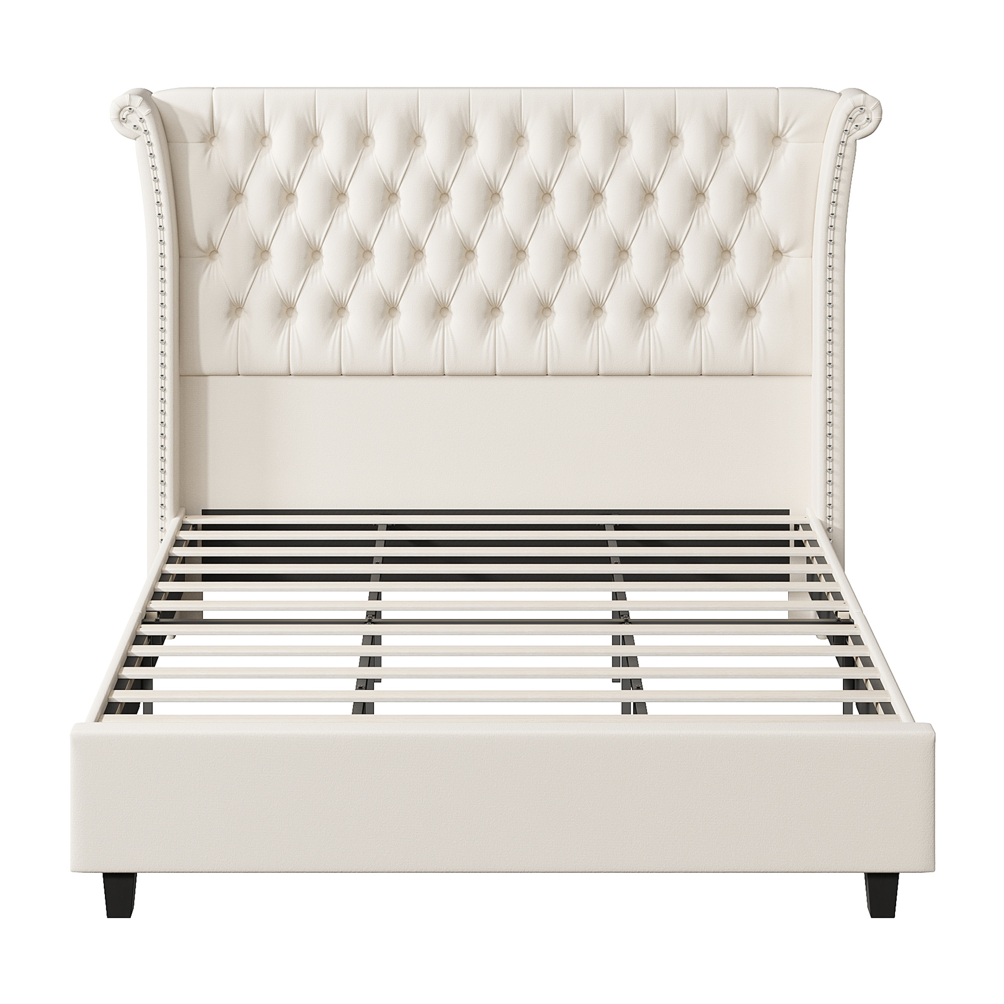 Homfa King Size Bed Frame, Modern Velvet Tufted Upholstered Platform Bed with Rivet Rolled Edge High Wingback Headboard, White - image 3 of 7