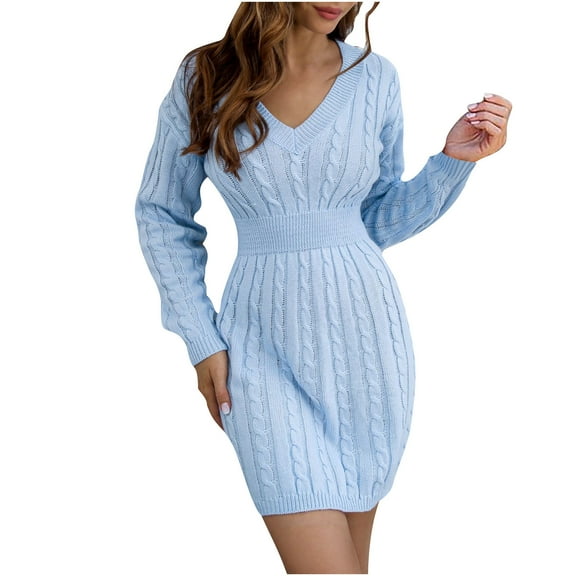 VERUGU Sweaters for Women Casual Fall Winter V Neck Solid Dough Twists Waist Closing Long Sleeve Loose Warm Hip Wrap Wool Dress Light Blue S
