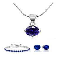 18k White Gold 6 Ct Round Blue Sapphire Set of Necklace, Earrings and Bracelet Plated by Paris Jewelry