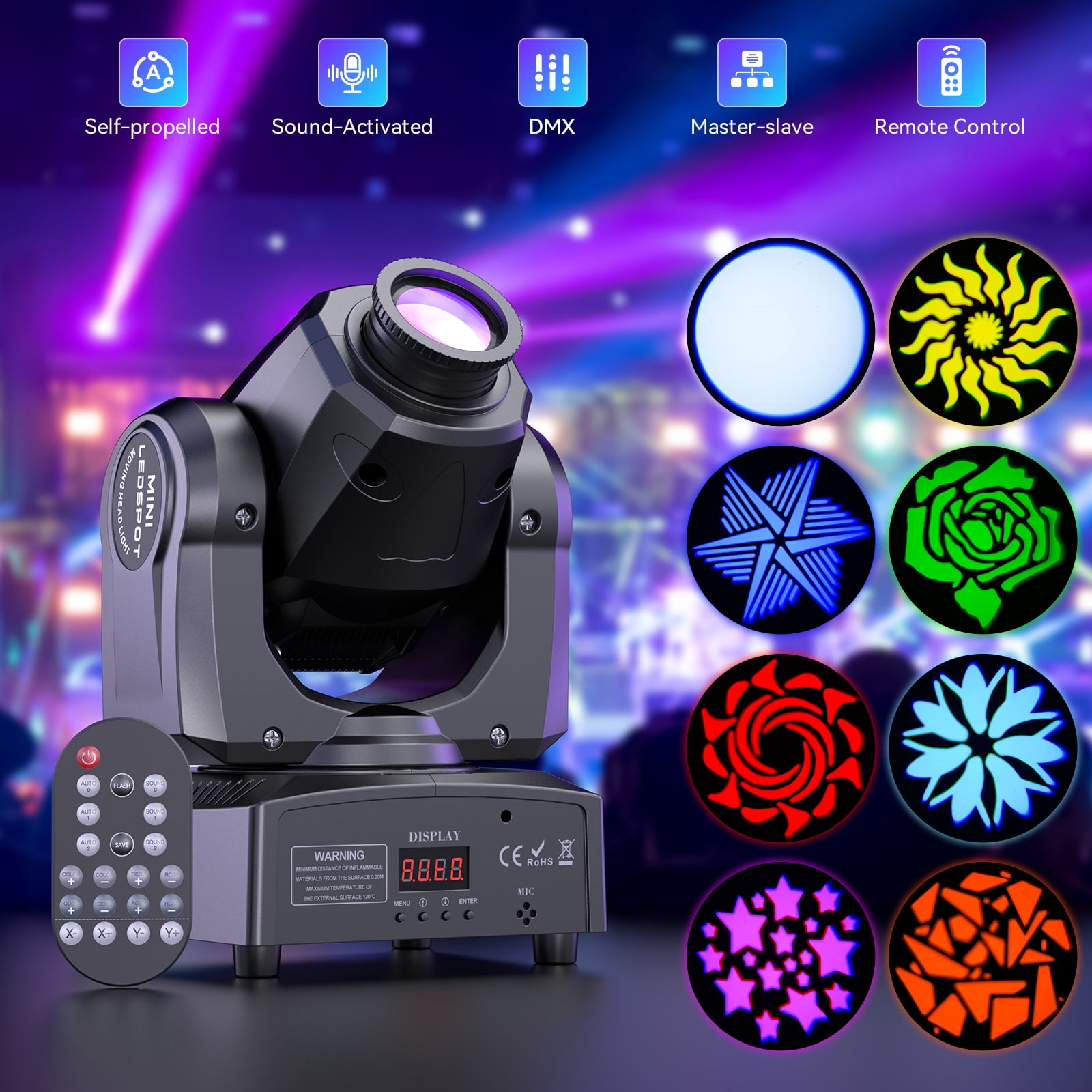 2Packs 60W LED Moving Head Light Stage Lights with Remote Control 7 GOBO 7 Colors Spotlight by DMX Controlled 11 Channel with Sound Activated for Disco Club Party Stage Lighting Shows