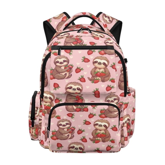 Yspwyqan Sloth Strawberry Backpack for School Kids, 17 Inch 600D Polyester Lightweight Bookbag, Multi-Pocket Fits 15.6 Laptop, Adjustable Straps Daypack for Elementary Middle Hiking