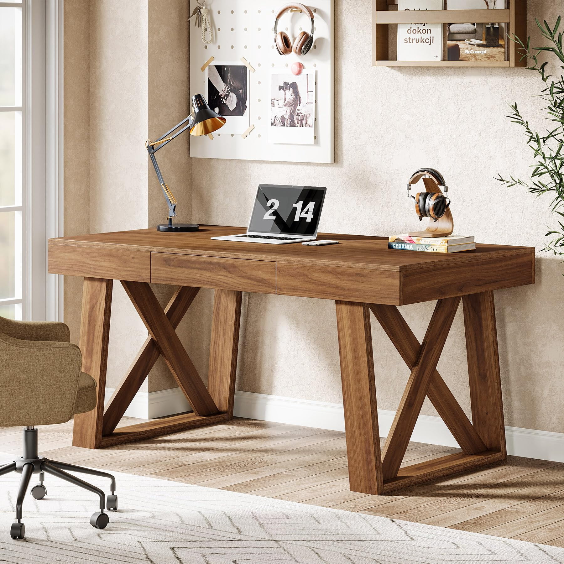 Tribesigns 55" Executive Desk with Drawer, Retro Brown Computer Office Desk with Wide Desktop , Modern Business Workstation Table for Home Office