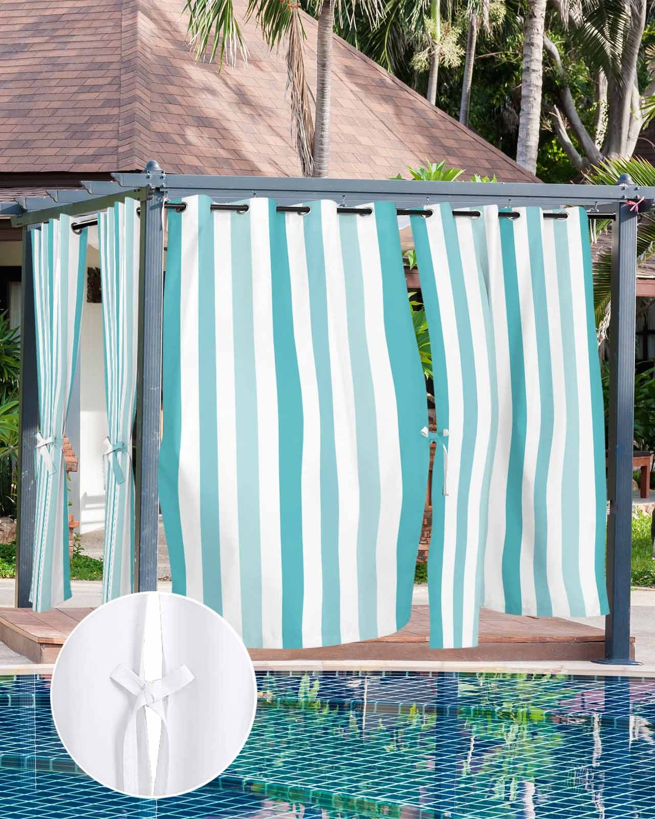 Teal Aqua Stripe Outdoor Curtains for Patio, Gradient Geometric White Vertical Striped Privacy Drapes Grommet Waterproof Outside Curtains for Porch/Cabana/Balcony 54"x 84", 2 Panel