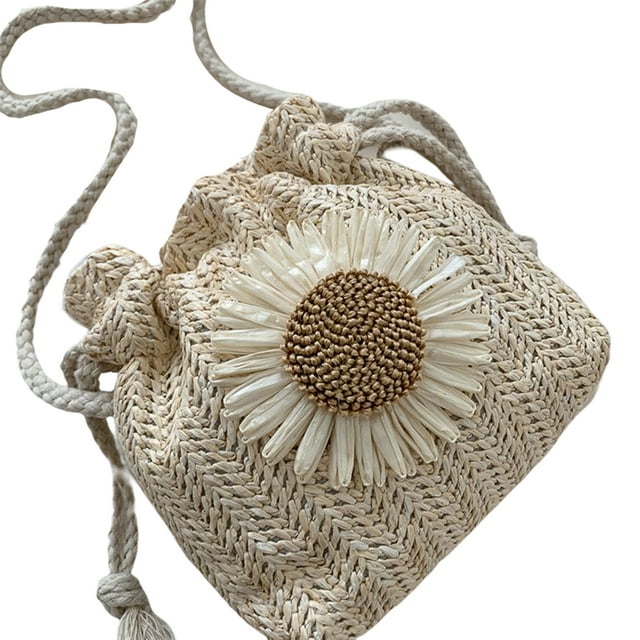 Kmbangi Summer Weaving Floral Shoulder Bag Braided Bucket Drawstring Pack