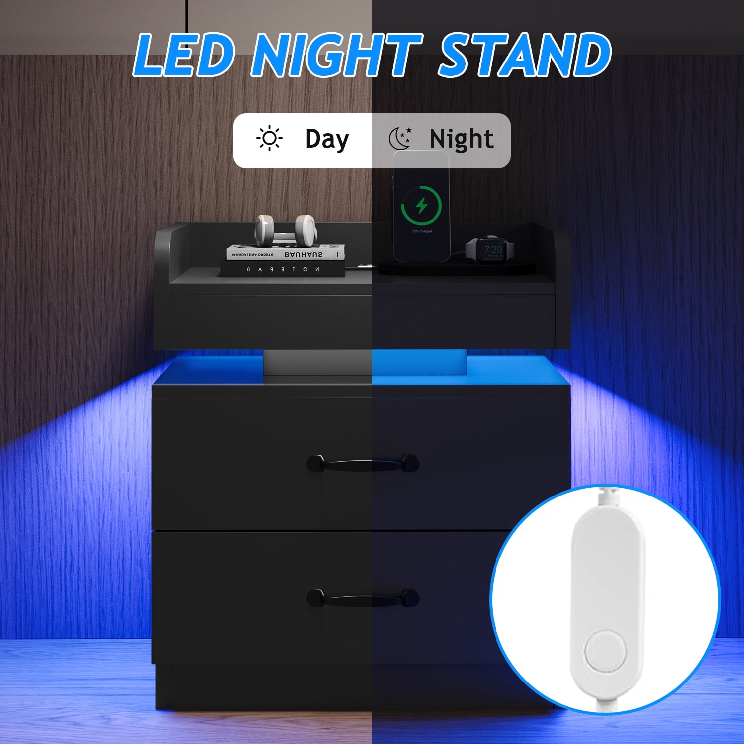 4 EVER WINNER Nightstand with Charging Station, LED Night Stand with 2 Drawers, Modern Beside End Table Side Table for Bedroom Living, Black