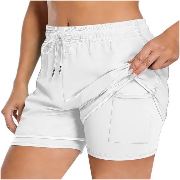 Heydday Women's 2 in 1 Athletic Shorts - High Waist Running Shorts with Side Pockets & Built-in Liner, Elastic Workout Yoga Shorts for Summer(White/S)
