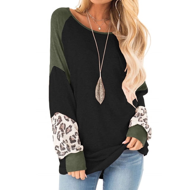 Womens Color Block Pullover Leopard Print Sweatshirt Raglan Long Sleeve Loose Tunic Shirts Tops
