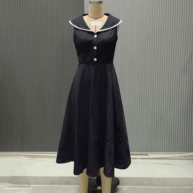 Efsteb Cocktail Dresses For Women Vintage 1950s Elegant Dresses Doll Collar Sleeveless Swing A-Line Wedding Guest Dress Tea Party Gown (Black,L),