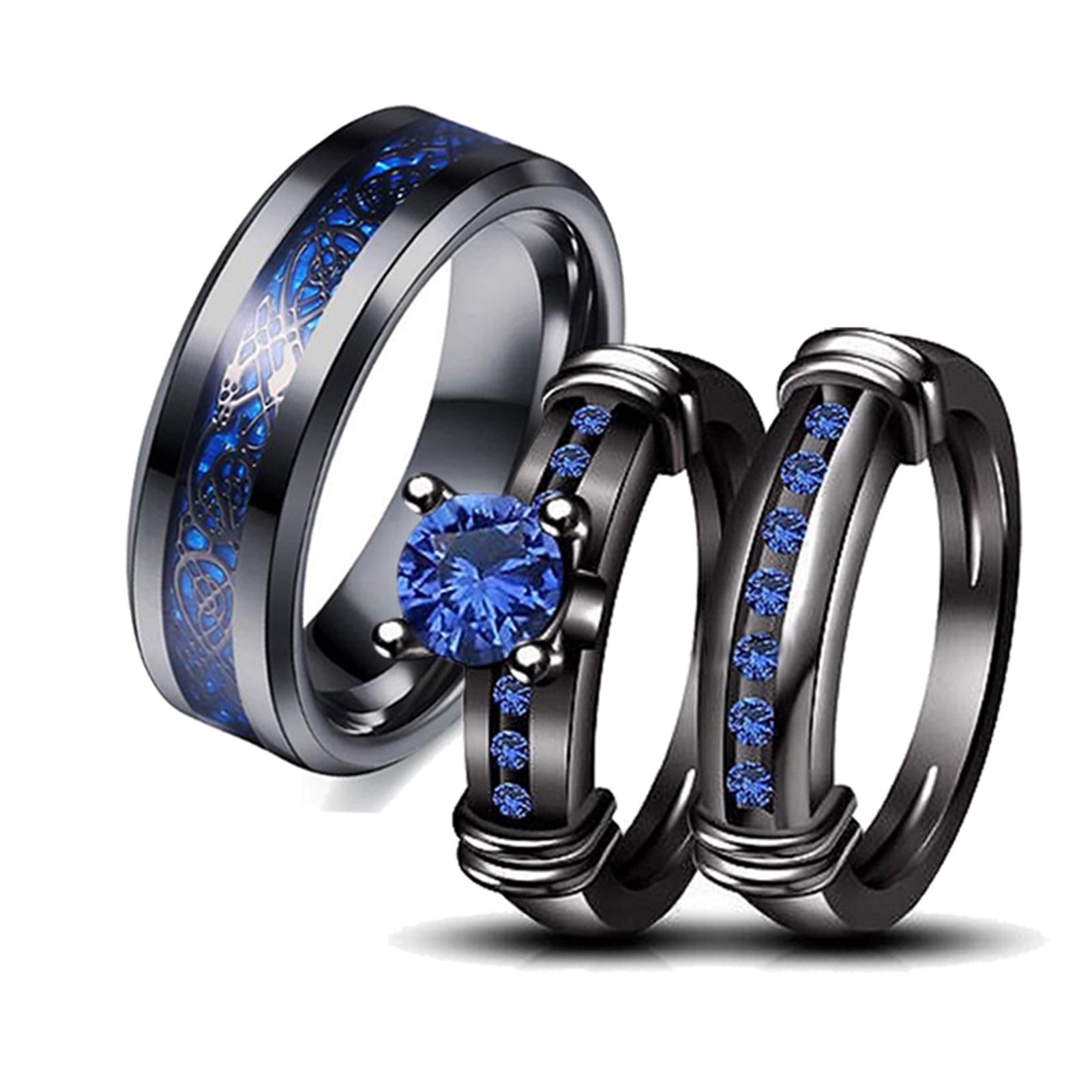 His Stainless Steel and Her Blue Cz Silver Plated Engagement Wedding Ring Set