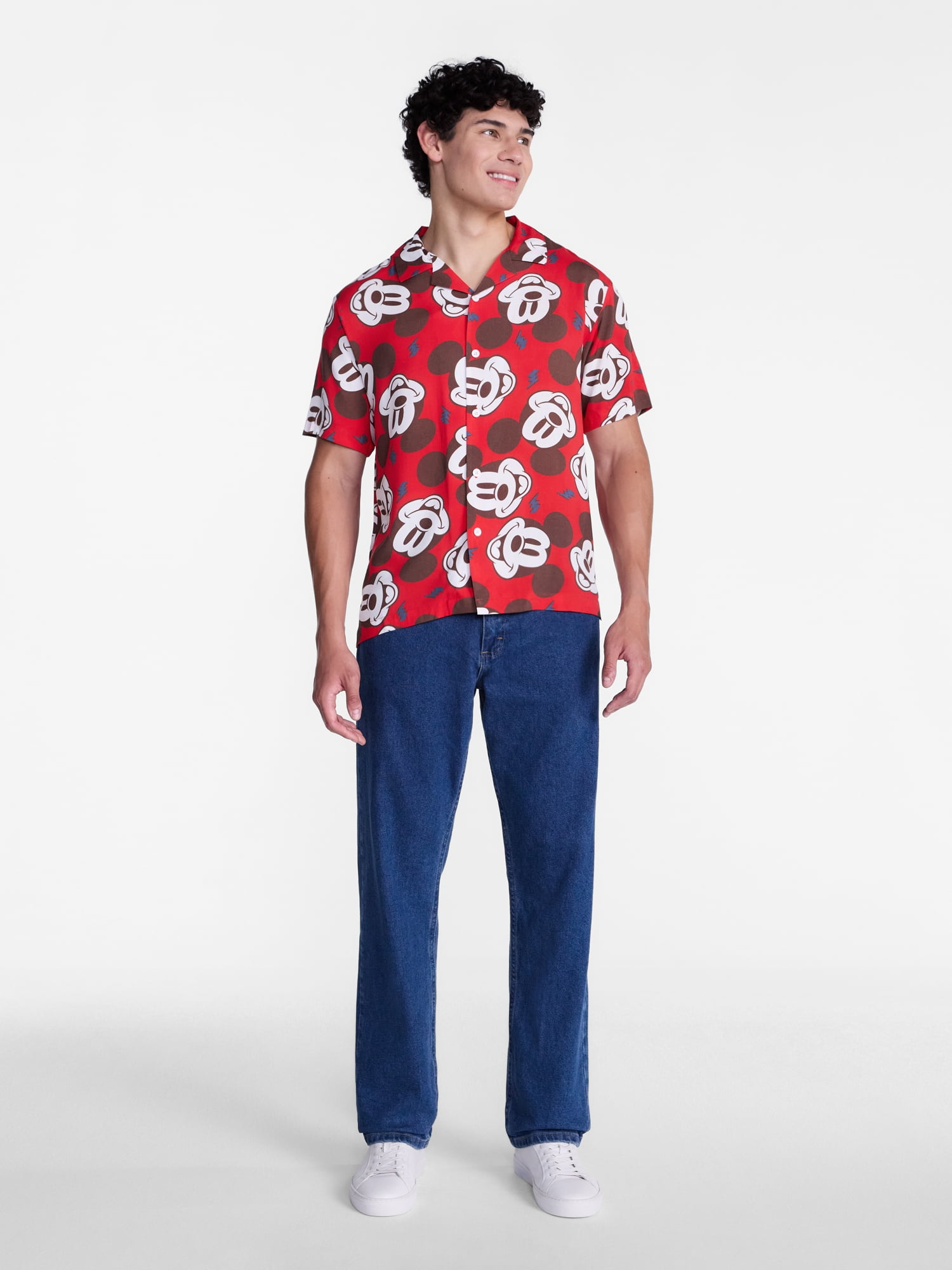Disney Men's and Big Men's Lightning Mickey Graphic Button Up Shirt with Short Sleeves, Sizes S-4XL