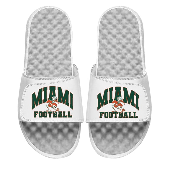 Unisex ISlide White Miami Hurricanes Football Varsity Slide Sandals