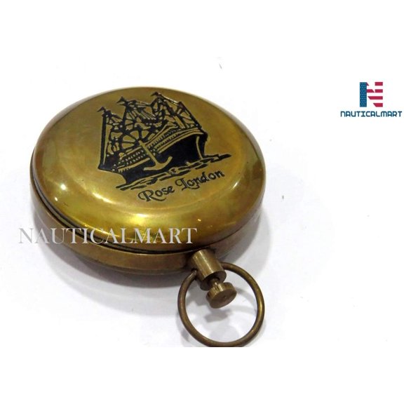 Brass Push Button Compass Nautical Marine Navigation Rose London Pocket Compass