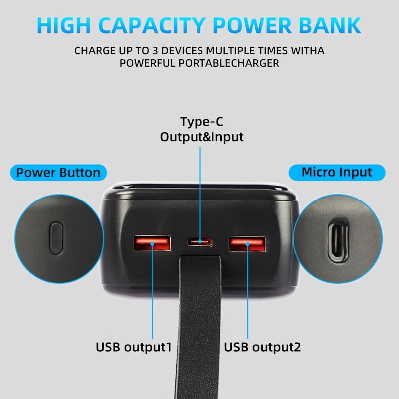 50000mAh External Battery Portable Charger, USB Power Bank 22.5W, PD3.0 Quick Charge Function, 3 Inputs And 3 Outputs, Outdoor Emergency Backup Battery Pack