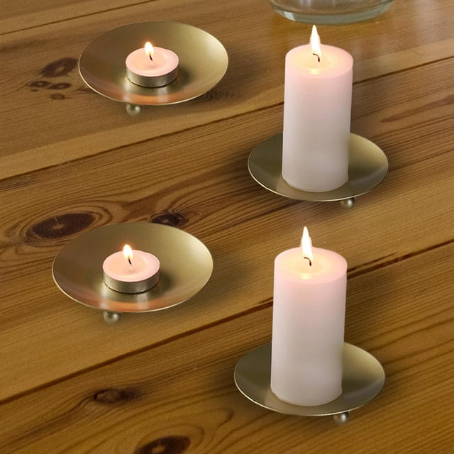 Portavelas de placa de metal, candelabro de metal, soporte para velas, bandeja pequeña para velas, soporte para velas de té, para decoración del hogar Oro 4 piezas Macarena Portavelas