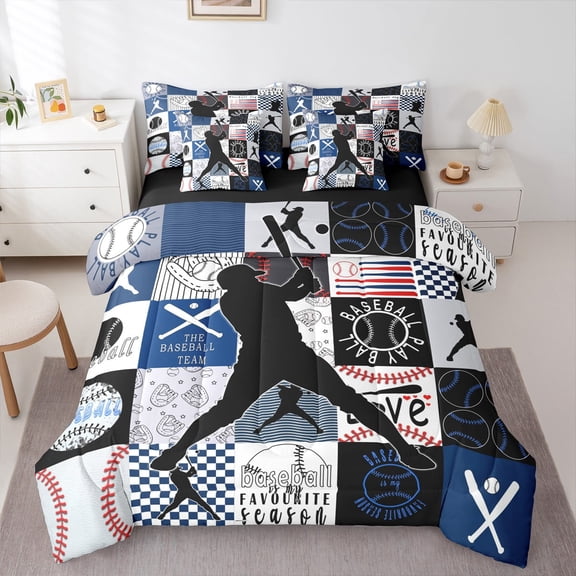 Manfei Baseball Tame Twin Bedding Sets 7-Piece,Sport Theme Bedding Comforter Set,Blue Plaid Grid Sheet Sets For Teens,Microfiber Bedroom Decor Reversible