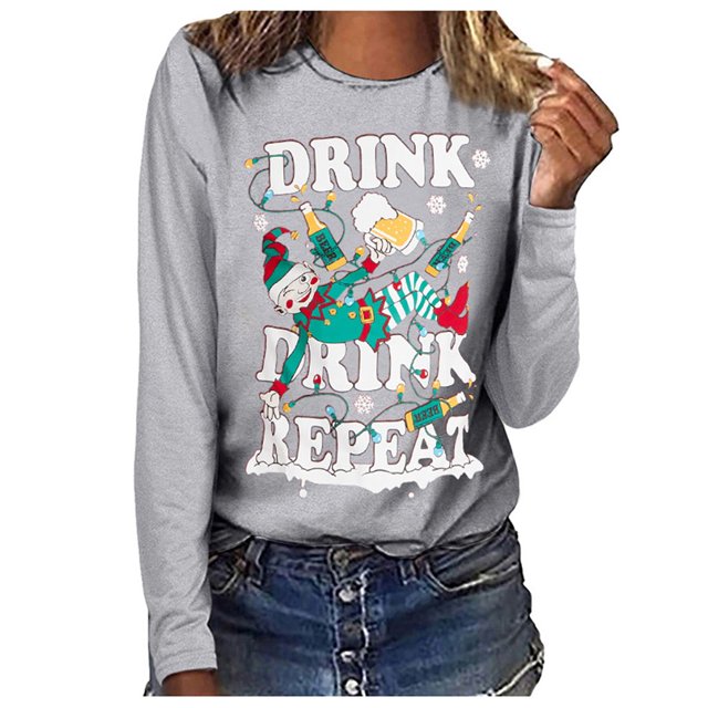 Camisas Navideñas Para Mujer Camisetas de Manga Larga Estampado de Bebidas Sudadera Con Cuello Redondo Informal Blusa Odeerbi ODB209802